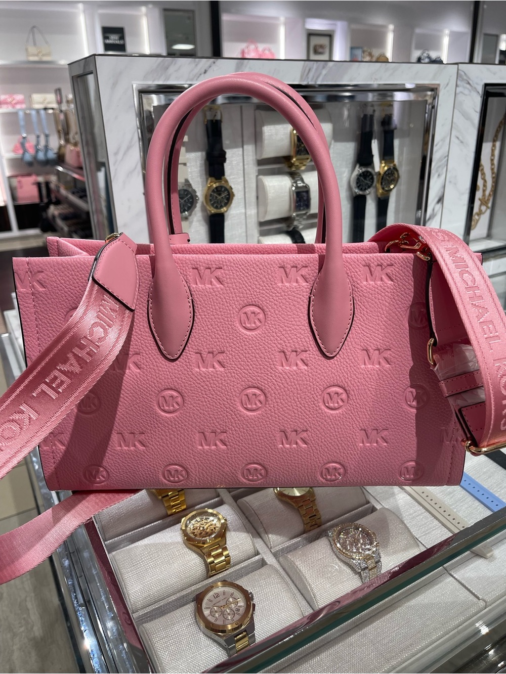 Michael Kors Mirella Med Logo Debossed Satchel Shoulder Tote Handbag Crossbody - Picture 6 of 16
